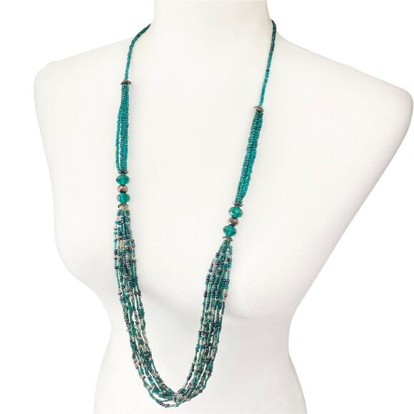 Vintage 90s Green Glass Beaded Long Necklace Crystal Multi-Strand Boho 39" - Picture 1 of 3
